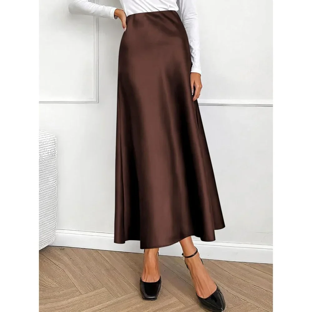 Women Deep Brown Maxi Dressy Casual Zipped High Waisted Silk Elegant Long Skirt - Picture 7 of 7
